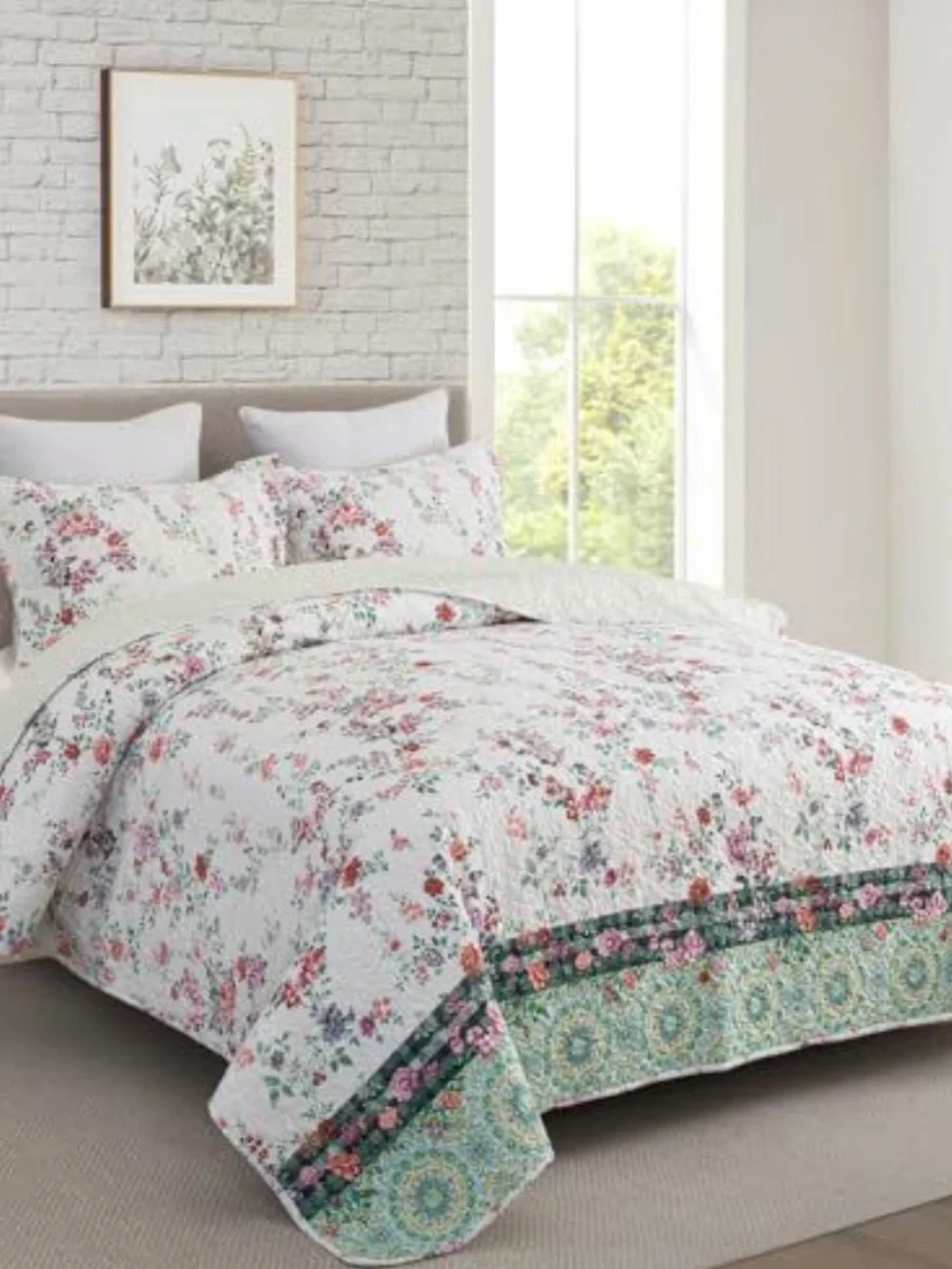 Floral Cotton Quilt Set in White with Pink & Green Accents